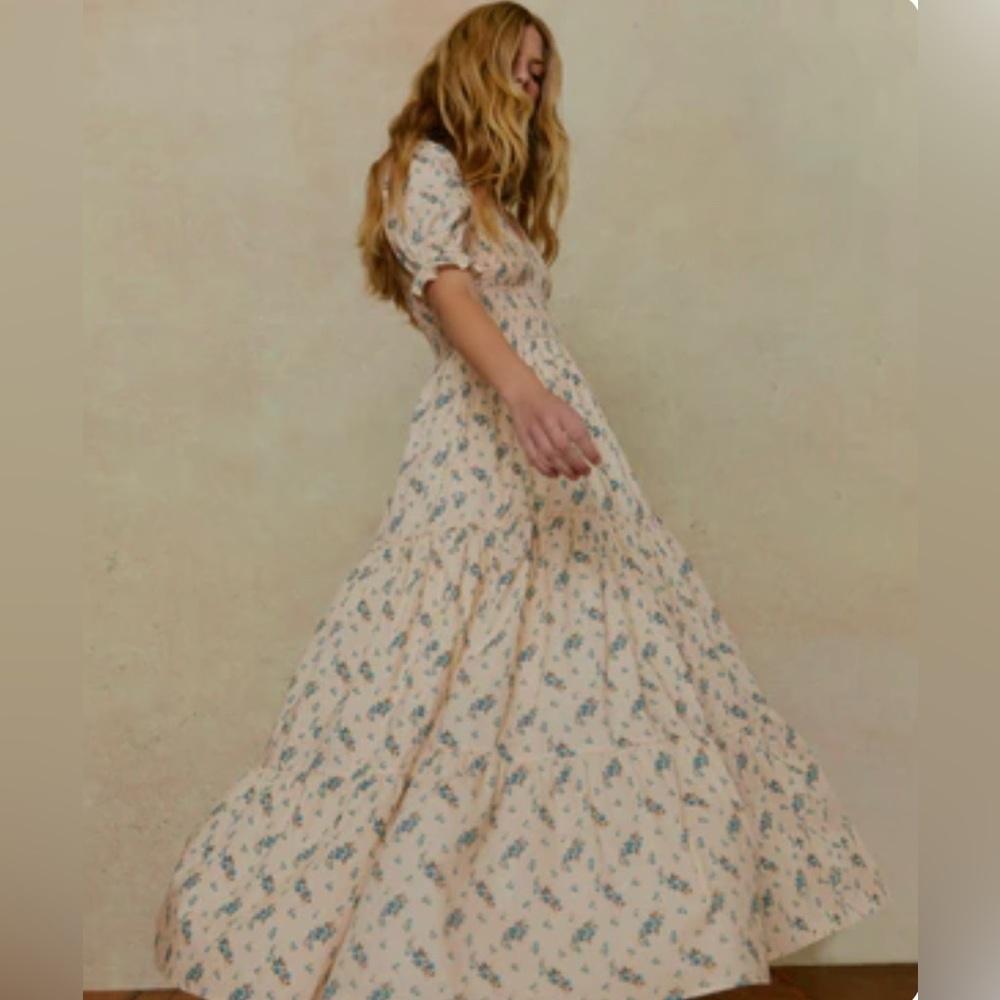 Christy Dawn Brooklyn Cream Maxi Dress with Blue Floral Print - Picture 2 of 6